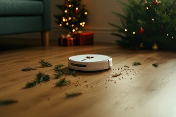 Modern robotic vacuum tidying up festive mess near Christmas tre