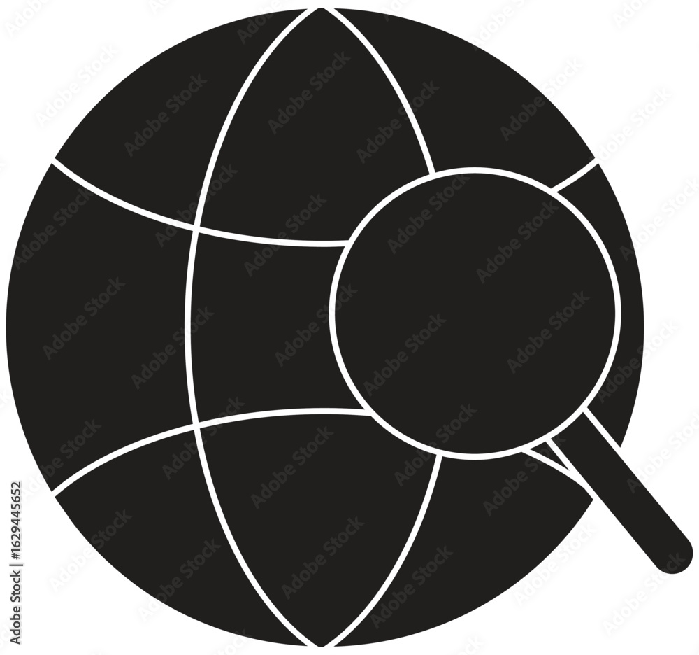 Poster search globe icon representing global internet search or web research with transparent background