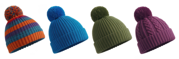 Four knitted winter hats in different colors isolated on transparent background