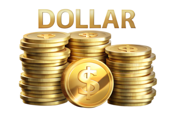 Stacks of gold dollar coins with the word dollar in golden letters above, isolated on a transparent background
