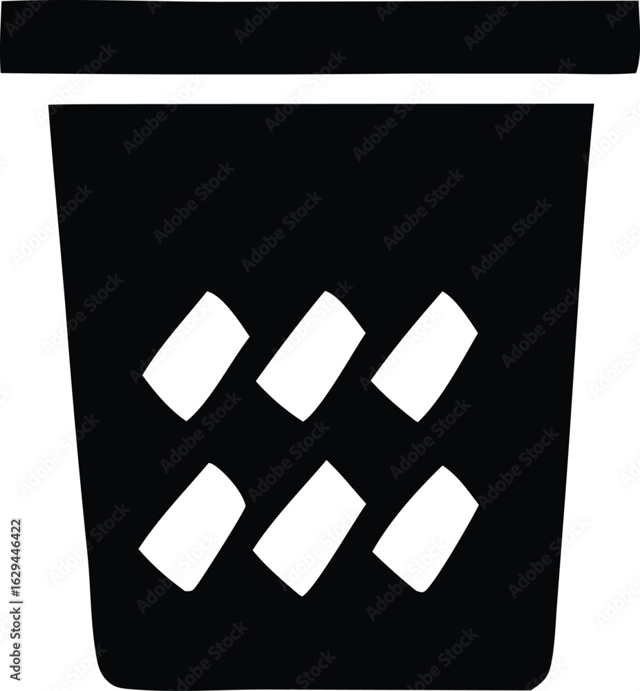 Poster simple black and white icon representing a trash can with a lid and six white rectangular shapes ins