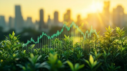 Green Leaves in Front of City Skyline with Data Graph Overlay