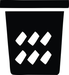 Simple black and white icon representing a trash can with a lid and six white rectangular shapes inside possibly representing waste or debris