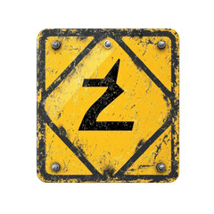 Distressed high voltage warning sign with weathered yellow surface and black lightning bolt symbol, industrial safety notification for electrical hazards on transparent background