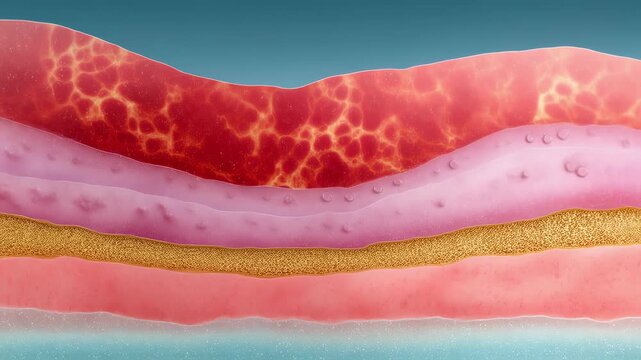 Smooth gradient timeline depicting progression of skin repair phases in separate colored bands metallic gold clot bright red inflammation pastel pink granulation and serene blue remodeling.