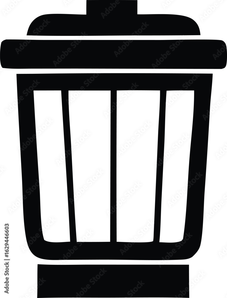 Poster simple black and white silhouette icon of an open trash can with a lid representing waste disposal a