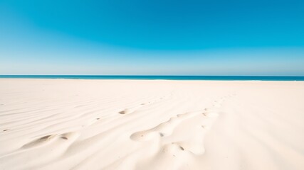 Vast white sand beach under clear blue sky and calm ocean image