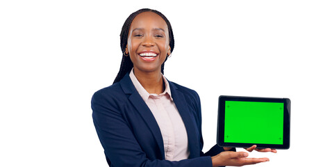 Happy employee, portrait and tablet with green screen for business, tracking markers. Person, smile and African sales agent for technology of mobile for website with internet and isolated and png