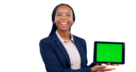 Happy employee, portrait and tablet with green screen for business, tracking markers. Person, smile and African sales agent for technology of mobile for website with internet and isolated and png
