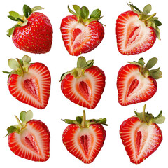 Fresh and Juicy Strawberries Cut in Half Displaying Bright Red Interior and Green Leaves on a White Background