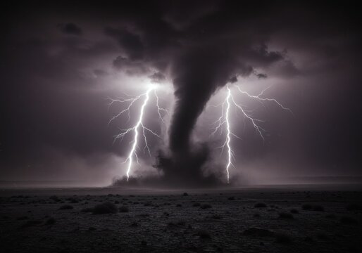 Tornado develops over a dark desert landscape as powerful bolts of lightning illuminate the heavy and ominous storm clouds above.
