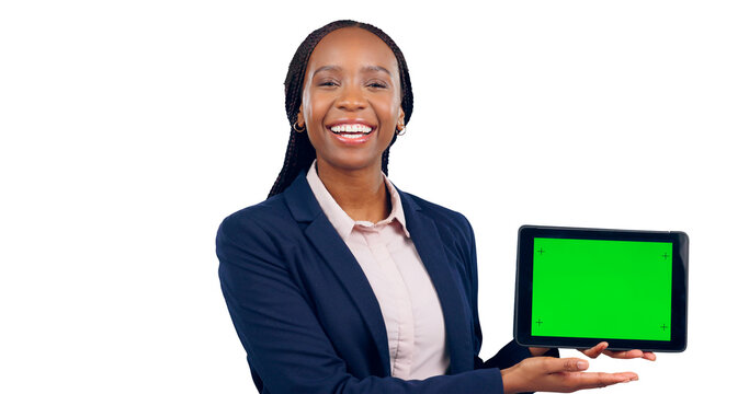 Happy employee, portrait and tablet with green screen for business, tracking markers. Person, smile and African sales agent for technology of mobile for website with internet and isolated and png - Powered by Adobe