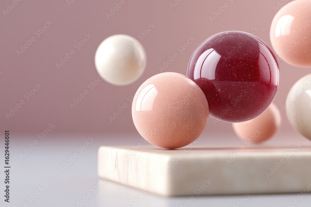 Poster floating spheres in soft pastel tones create harmonious composit