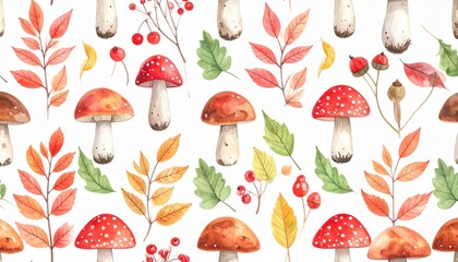 Watercolor illustration with mashrooms, branches, leaves and berries. Set of autumn forest plants, fly agaric and boletus, drawing, Collection of herbarium garden.