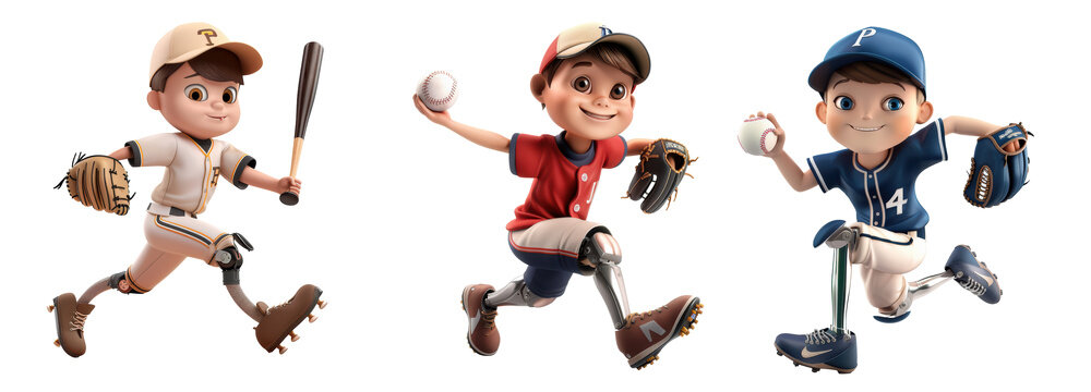 Collection of 3d render in cartoon style disabled baseball players with legs prosthesis,  cut out, isolated on transparent background.