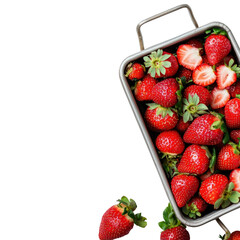 Fresh and Juicy Red Strawberries in a Metal Basket Surrounded by Green Leaves on a Dark Background