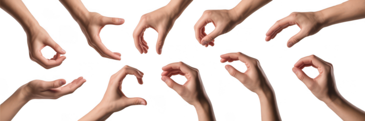 Collection of human hands gesturing and reaching isolated on transparent background