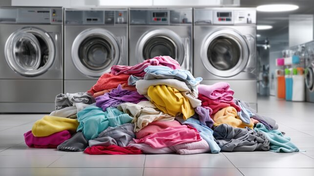 Laundry piled high in a laundromat with washing machines in the background, showcasing a variety of colorful clothing items