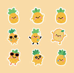 A fun and tropical collection of cute cartoon pineapples, vector illustration set with different happy and playful expressions.