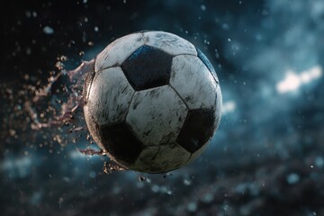 Naklejka premium Dynamic soccer ball flies through the air, creating excitement during an intense match in an illuminated stadium at night