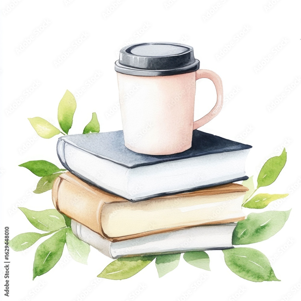 Poster charming watercolor depiction of a travel mug resting on a stack of books inviting atmosphere with w