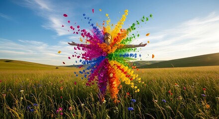 Person exploding with vibrant rainbow colored powder in a sunny field