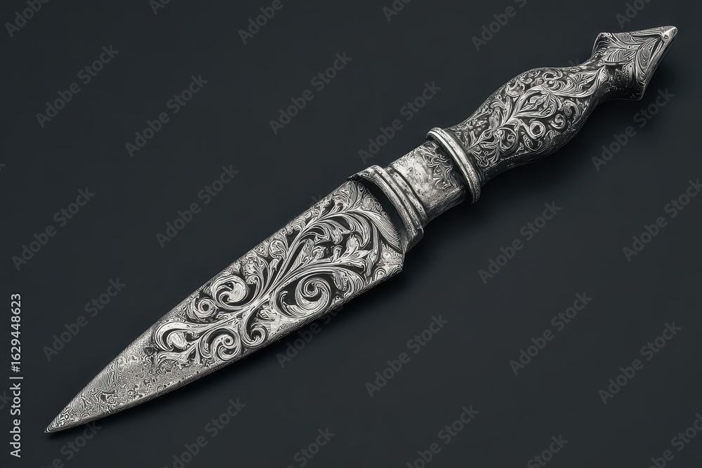 Poster black and white rendering of a steel damascus dagger with intricate floral patterns and a distinct b