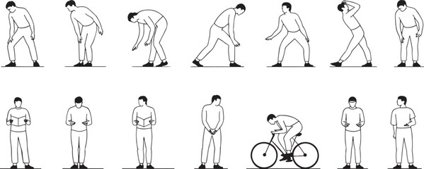 Vector Illustration of People in Various Activities Outlined in Black and White Minimalist Design Style for Modern Graphic Applications