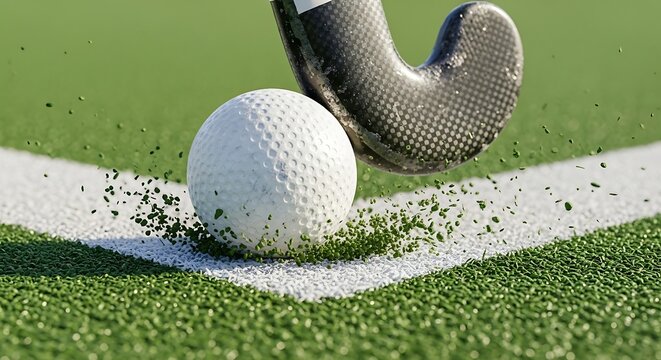 Dynamic action shot of field hockey ball being struck with a hockey stick