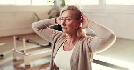Stretching, fitness and senior woman in studio, exercise and wellness with retirement. Pensioner, peaceful and mature person with progress, balance and pilates with workout, challenge and breathing - Powered by Adobe