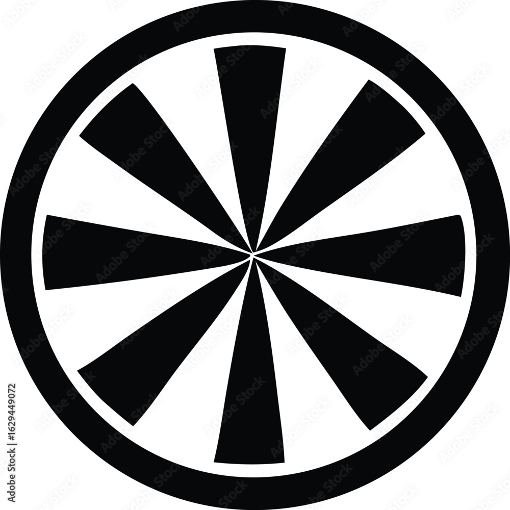 Poster a stark black and white circular emblem featuring eight radiating triangular segments within an oute
