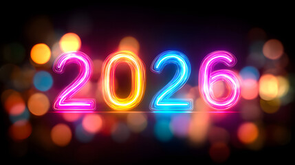 Colorful neon “2026” glowing on a black background with bokeh party lights and light mist