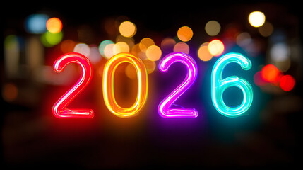 Colorful neon “2026” glowing on a black background with bokeh party lights and light mist