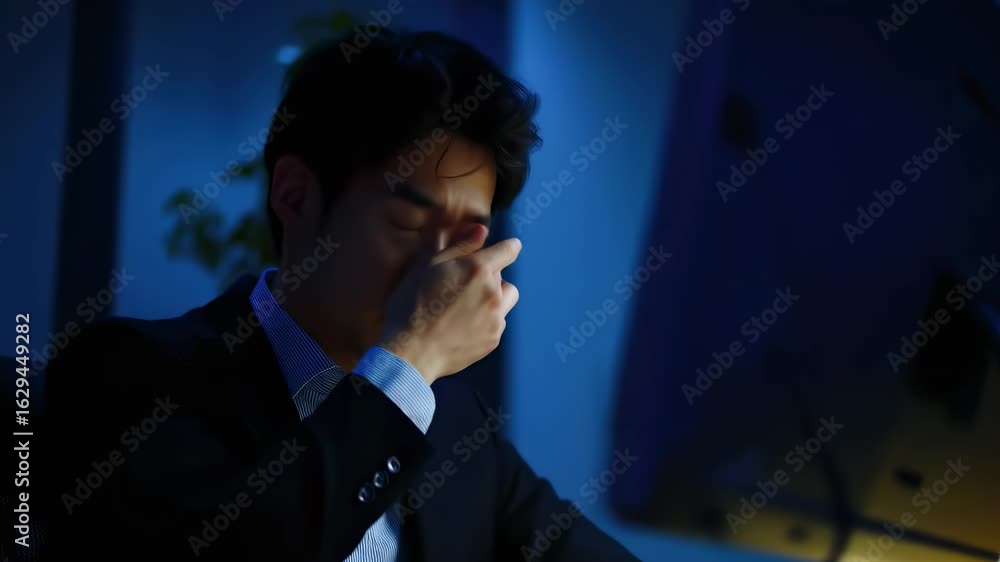 Poster a man in a suit is sitting at a desk with a computer monitor in front of him. he is looking at the s