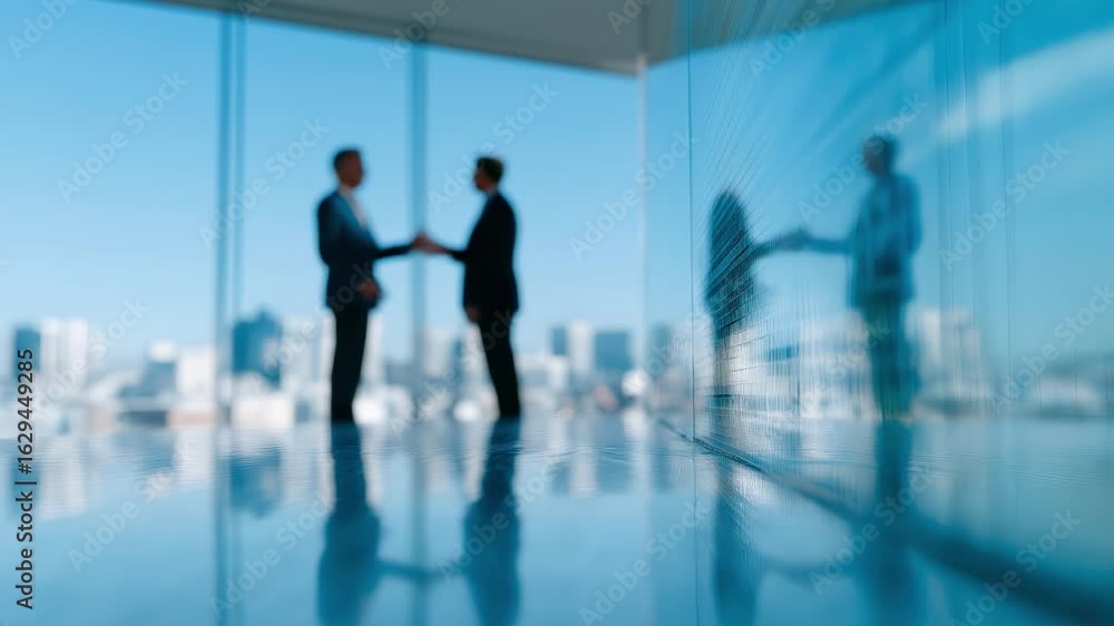 Poster a man shakes hands with another man in a business setting. the image is blurry and the men are parti