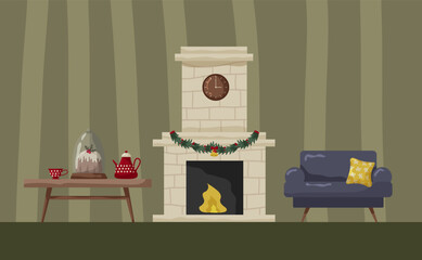Cozy living room decorated for winter with a fireplace and festive elements