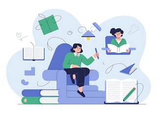 Creative learning and knowledge acquisition with people reading books in a modern, bright setting