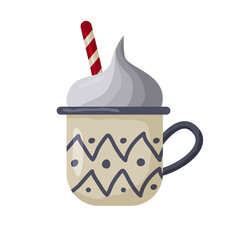 Whipped cream dessert served in decorative cup with striped straw