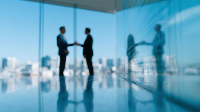 A man shakes hands with another man in a business setting. The image is blurry and the men are partially obscured by the reflection of the building in the glass