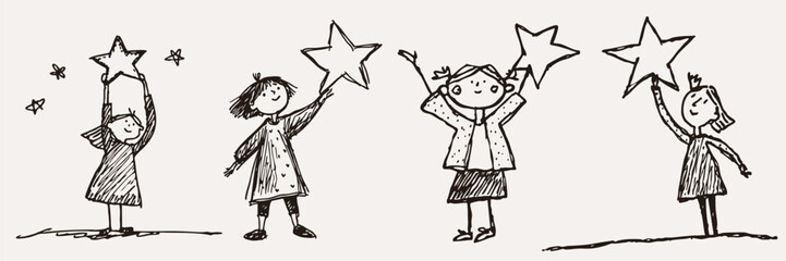 Fototapeta premium Four playful children joyfully reach for stars in whimsical, hand drawn illustration. Each child holds large star, expressing wonder and imagination in simple, sketchy style