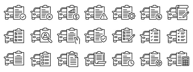 Car document checkmark icon set vector. Vehicle Check mark icons. Checklist, tick, survey, insurance, agreement, calculate, approved, gear, hand, shield, schedule, pencil, checkbox, magnifying glass.