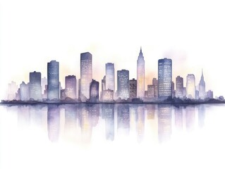 Obraz premium Elegant watercolor portrayal of a city skyline at twilight cool blues and purples merging into glowing windows capturing the urban vibrancy and energy of the metropolitan landscape