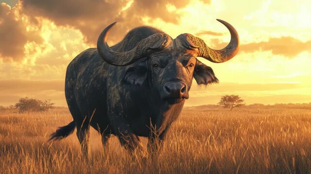 Male buffalo standing on a grassy plain under a vibrant sunset.