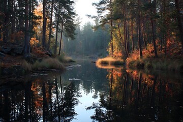 Tranquil dawn lake reflecting autumn forest scenery  
