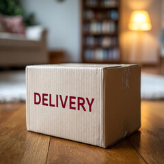 Cardboard delivery box in a cozy living room setting.