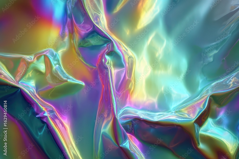 Poster beautiful iridescent digital art showcasing vibrant colors and intricate textures, reflecting light 