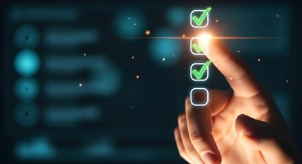 Fingertip touches digital checklist with glowing checkmarks representing successful task completion and progress tracking