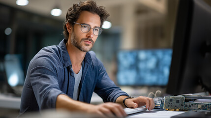 Engineer designing a PCB on a computer with soft lighting