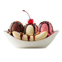 Close-up of a plate with a banana split ice cream and differen fruits and nuts isolated on white background