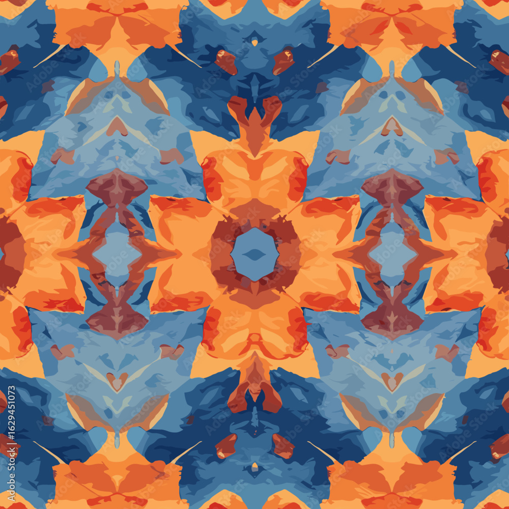 Poster artistic kaleidoscope pattern in blue and orange hues, creating a dynamic, symmetrical, and visually